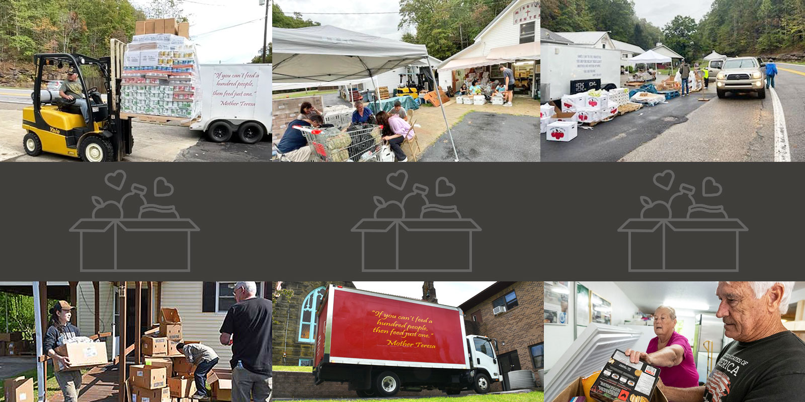 Images of food bank volunteers working to serve low-income families.