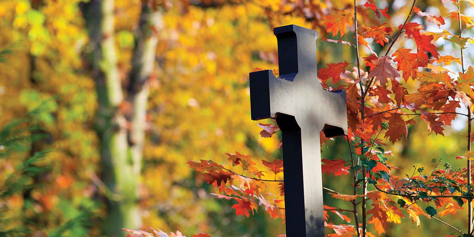 A large cross in a cemetery during the fall season.